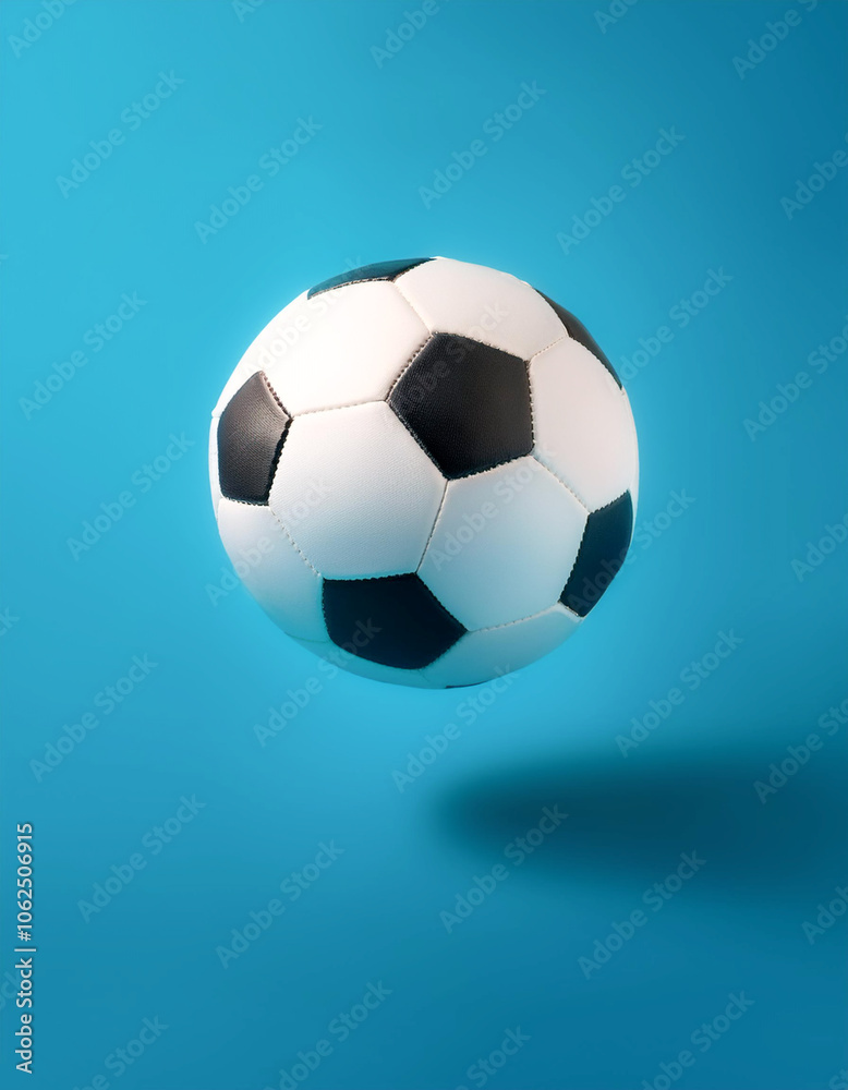 White and black soccer ball floating or flying isolated on light blue background White and black soccer ball floating or flying isolated on light blue background