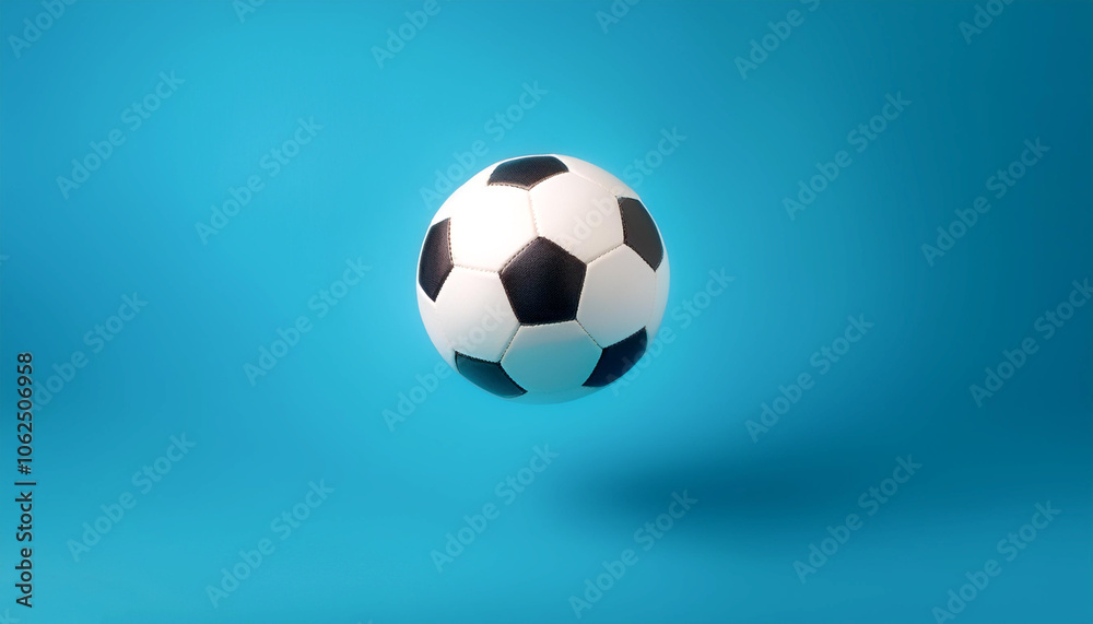 White and black soccer ball floating or flying isolated on light blue background White and black soccer ball floating or flying isolated on light blue background