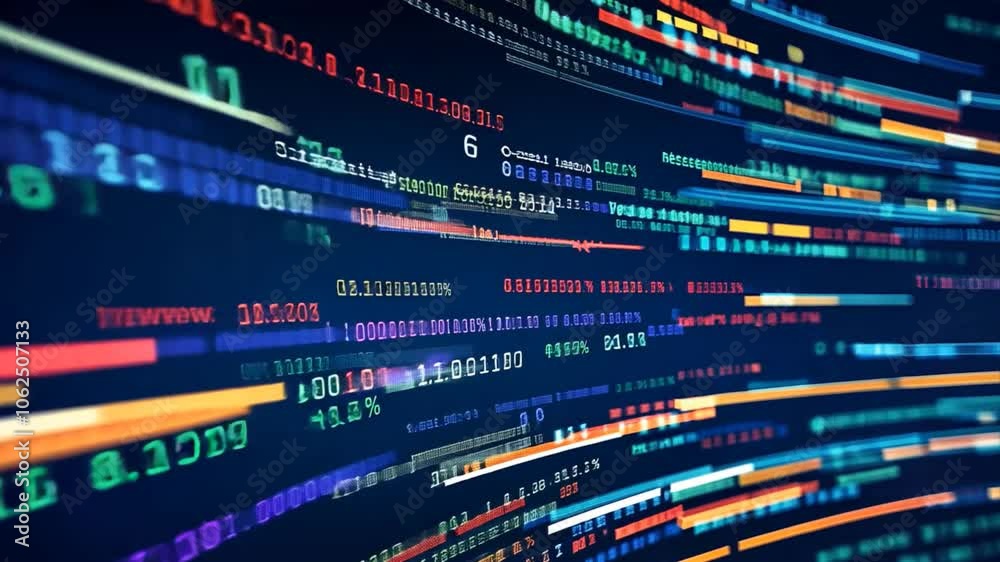 Computer screen with multiple lines and numbers in different colors. Computer screen with multiple lines and numbers in different colors.