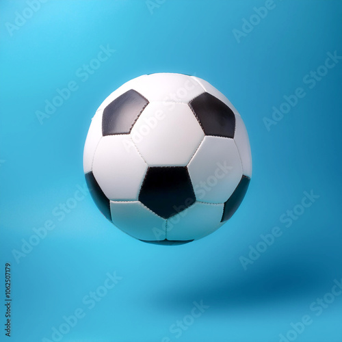 White and black soccer ball floating or flying isolated on light blue background