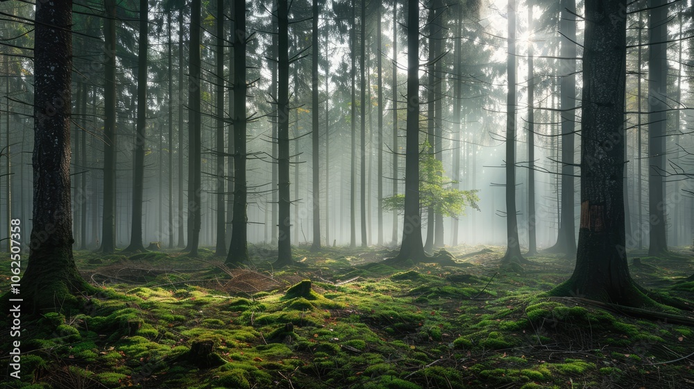 Obraz premium Early morning mist in Munich's Perlacher Forst forest with pine trees on mossy ground