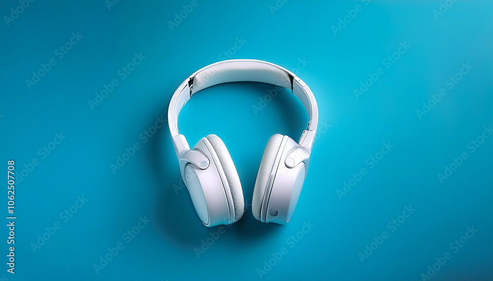 White metallic white wireless headphones, background concept isolated on light blue background White metallic white wireless headphones, background concept isolated on light blue background