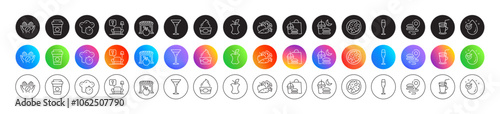 Takeaway coffee, Organic waste and Vegetables line icons. Round icon gradient buttons. Pack of Food delivery, Martini glass, Champagne glass icon. Fast food, Coffee, Night eat pictogram. Vector