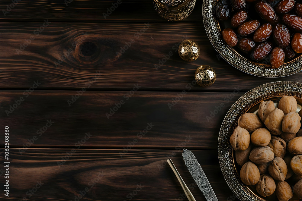 A decorative arrangement of nuts and dates on wooden surfaces, suggesting a cultural feast. AI Image A decorative arrangement of nuts and dates on wooden surfaces, suggesting a cultural feast. AI Image