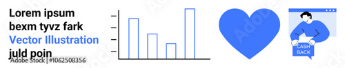 Free Download Bar chart, large blue heart, person holding cash back sign. Ideal for financial data, love messages, hero graphics, marketing campaigns, e-commerce, infographics, educational content. Landing page - GFXLoad