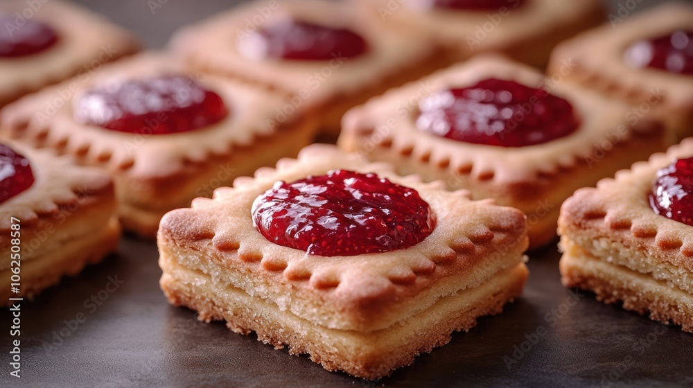 Close-up of freshly baked square cookies with raspberry jam filling. Close-up of freshly baked square cookies with raspberry jam filling.