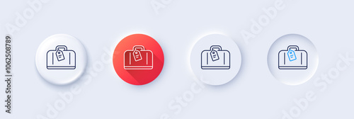 Airport hand baggage reclaim line icon. Neumorphic, Red gradient, 3d pin buttons. Airplane luggage sign. Flight checked bag symbol. Line icons. Neumorphic buttons with outline signs. Vector