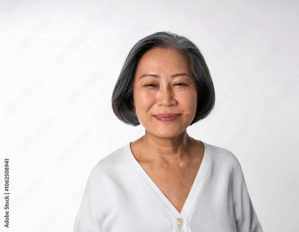 elderly asian woman portrait 60-70 years old no make up with white clothes black hair and hazel eyes isolated on white background elderly asian woman portrait 60-70 years old no make up with white clothes black hair and hazel eyes isolated on white background