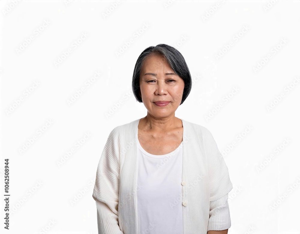 elderly asian woman portrait 60-70 years old no make up with white clothes black hair and hazel eyes isolated on white background elderly asian woman portrait 60-70 years old no make up with white clothes black hair and hazel eyes isolated on white background