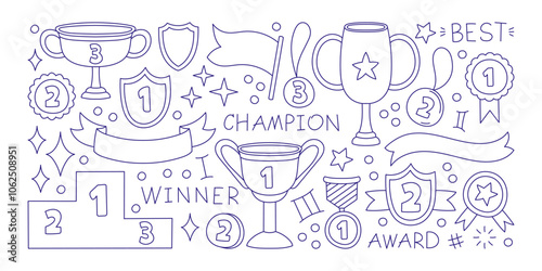 Winner reward design elements, trophy goblet and medal awards, place pedestal hand drawn doodle set