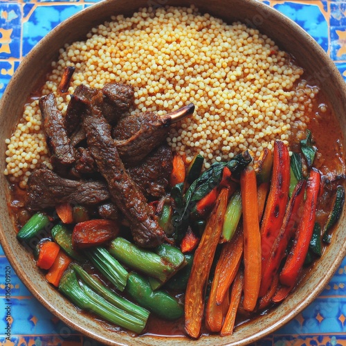 Delicious Moroccan Beef Tagine with Couscous and Colorful Vegetables on Blue Patterned Tablecloth - Spiced Meat, Basmati, Carrots, Zucchini, Peppers, Culinary Art photo