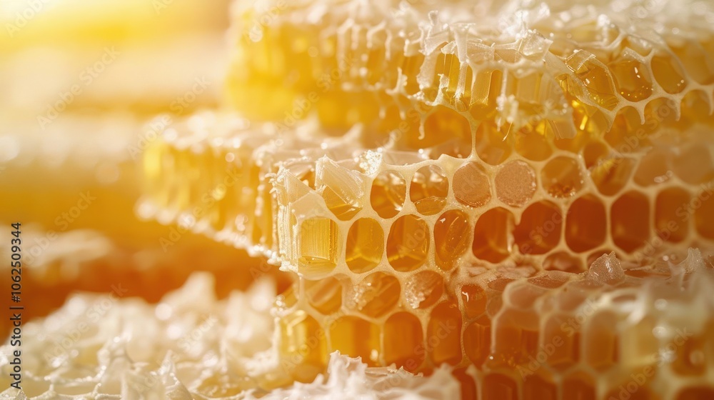 Closeup of honeycomb with golden honey inside. Closeup of honeycomb with golden honey inside.