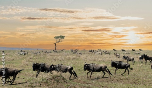 Wildebeest herd running on the savannah with zebras in the background