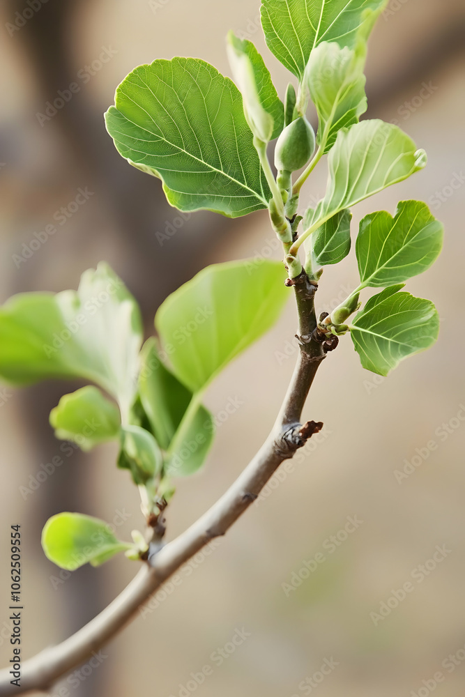 A close-up of a branch with vibrant green leaves and a developing fruit. AI Image A close-up of a branch with vibrant green leaves and a developing fruit. AI Image