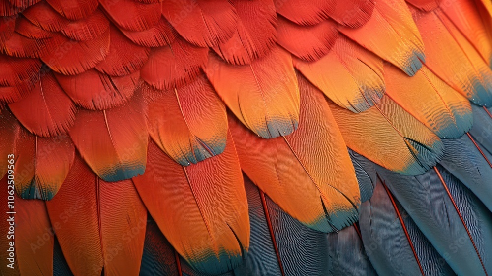Fototapeta premium Close-up of vibrant red, orange, and blue feathers on a bird's wing.