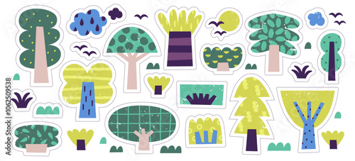 Simple hand drawn tree, shrub and bush, woodland and tropical garden plants stickers isolated set