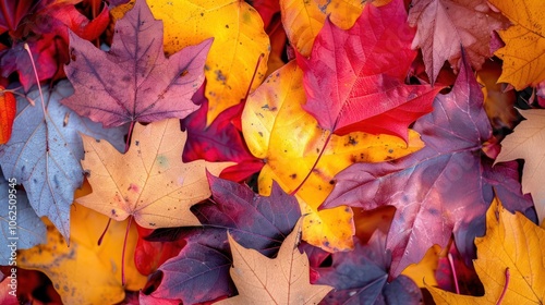 A close-up of colorful autumn leaves, red, orange, yellow, and brown, covering the ground.