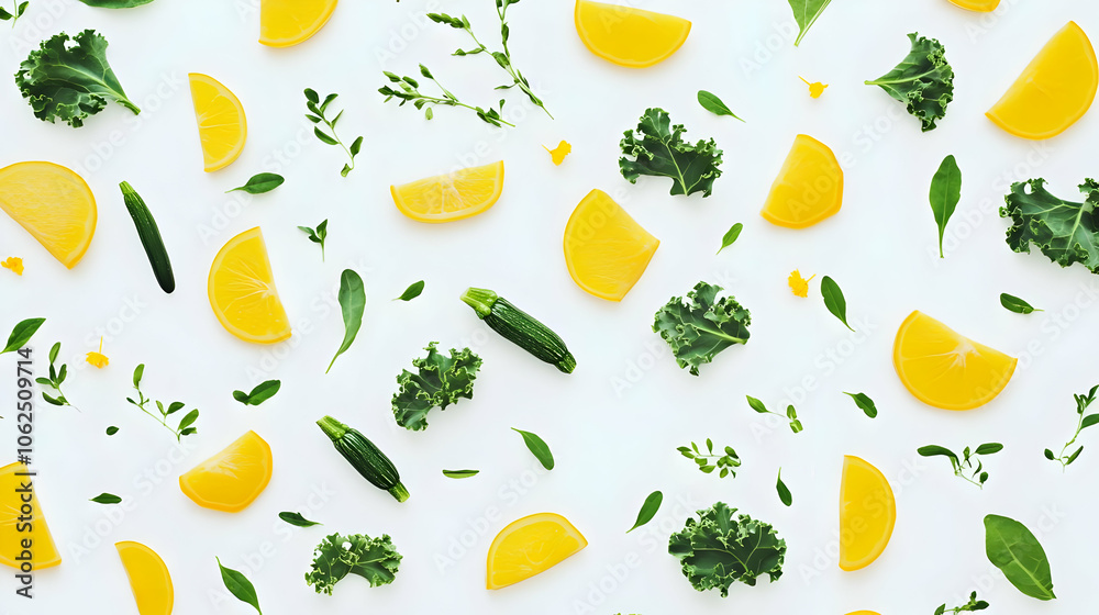 A flat lay of fresh ingredients including lemon, kale, and herbs for culinary inspiration. AI Image A flat lay of fresh ingredients including lemon, kale, and herbs for culinary inspiration. AI Image