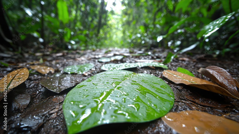 tropical forest floor after rain, showcasing vibrant green leaves with droplets, surrounded by fallen leaves, creating serene and refreshing atmosphere tropical forest floor after rain, showcasing vibrant green leaves with droplets, surrounded by fallen leaves, creating serene and refreshing atmosphere
