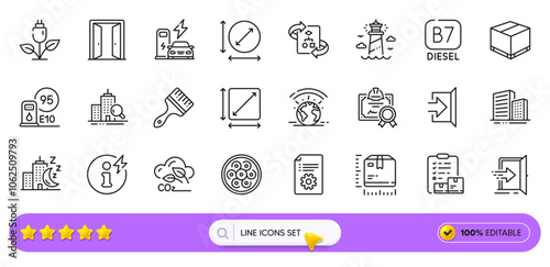 Co2 gas, Entrance and Circle area line icons for web app. Pack of Package size, Lighthouse, Open door pictogram icons. Power info, Square area, Charging station signs. Diesel, Buildings. Vector