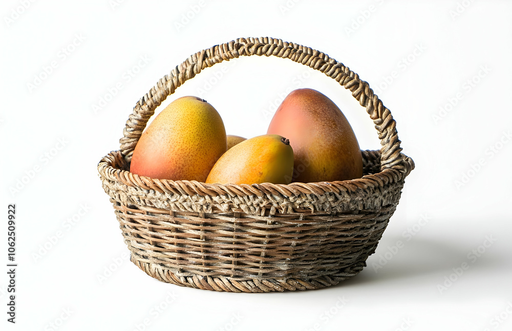 Three ripe mangoes in a woven basket on a white background. Three ripe mangoes in a woven basket on a white background.