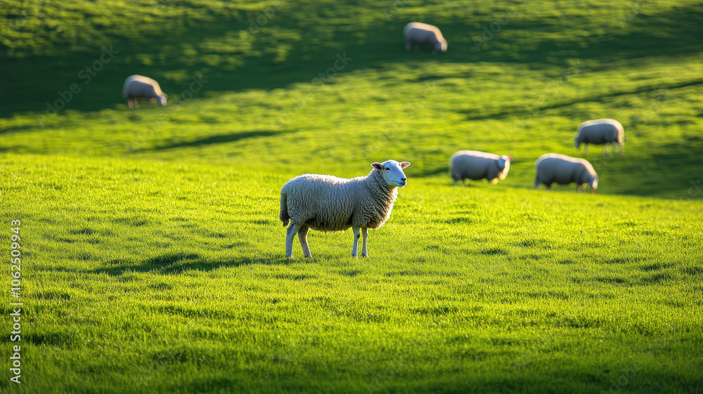 vibrant green hillside dotted with grazing sheep in spring creates serene pastoral scene. lush grass and gentle light enhance tranquil atmosphere vibrant green hillside dotted with grazing sheep in spring creates serene pastoral scene. lush grass and gentle light enhance tranquil atmosphere