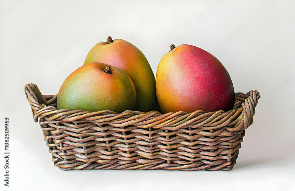 Three ripe mangoes sit in a woven wicker basket on a white background. Three ripe mangoes sit in a woven wicker basket on a white background.