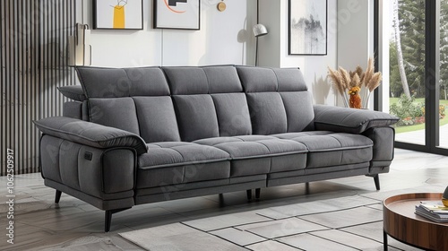 Modern grey sofa with black legs in a living room. photo