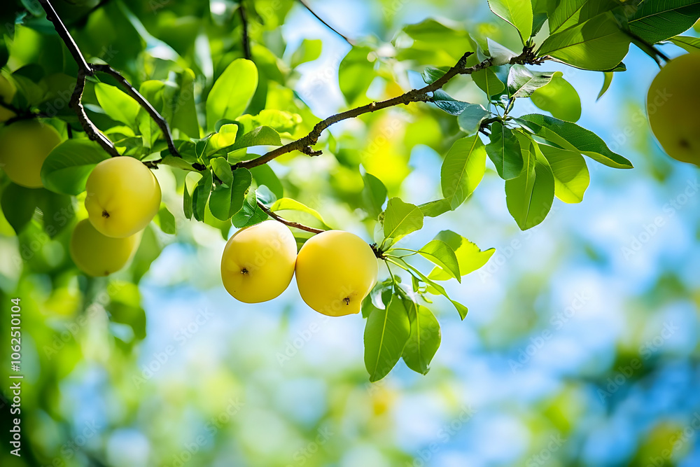 A close-up of yellow fruits hanging from a tree branch amidst vibrant green leaves. AI Image A close-up of yellow fruits hanging from a tree branch amidst vibrant green leaves. AI Image