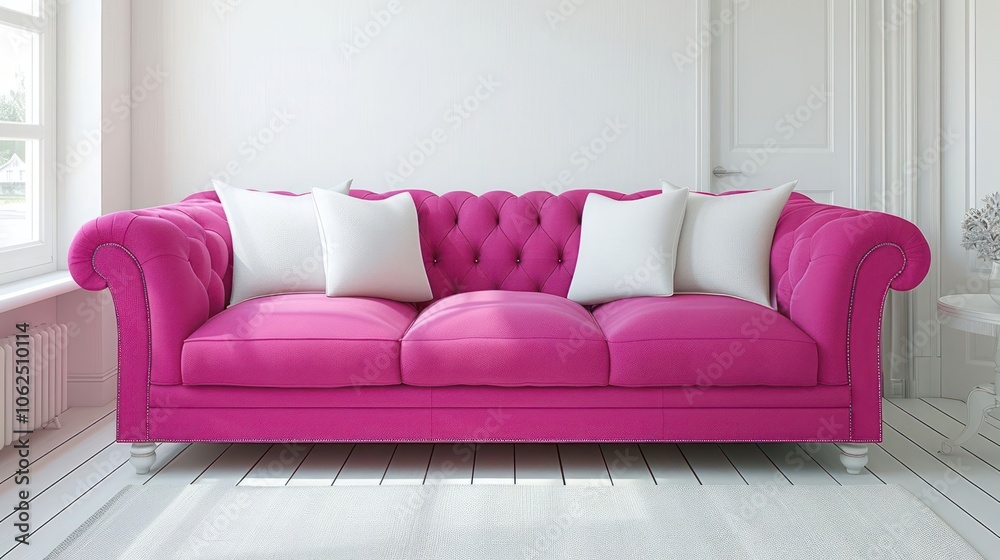 Pink velvet sofa with white pillows in a modern white room. Pink velvet sofa with white pillows in a modern white room.