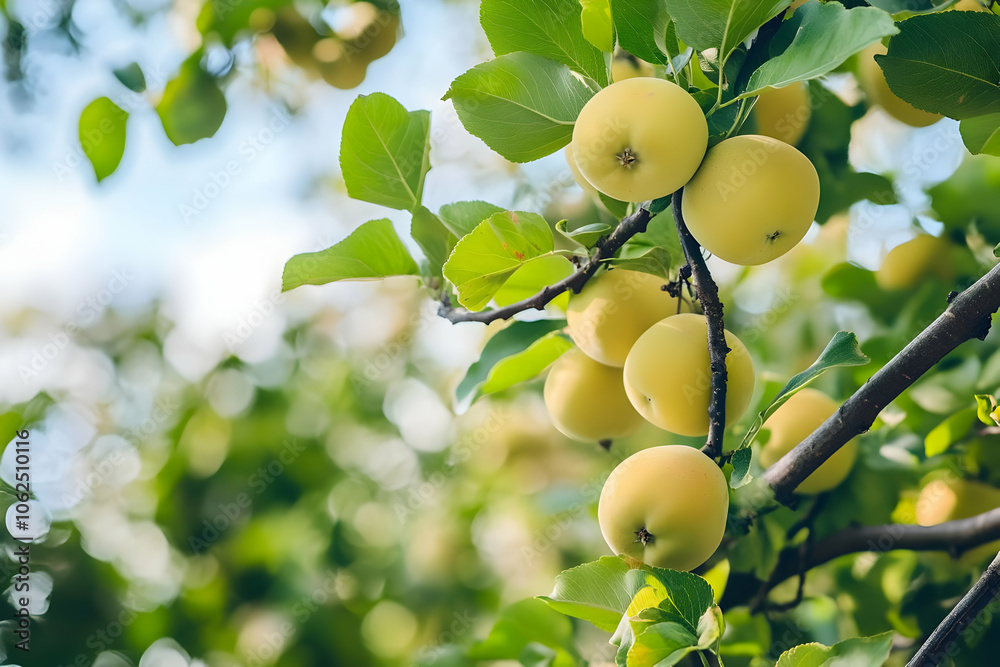 A close-up of yellow fruits hanging from a tree branch amidst lush green leaves. AI Image A close-up of yellow fruits hanging from a tree branch amidst lush green leaves. AI Image