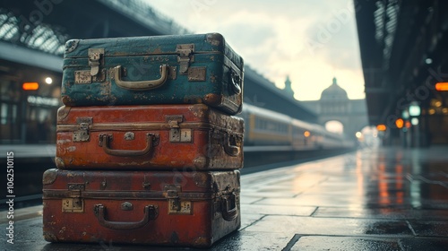 Vintage Suitcases at Train Station Platform photo