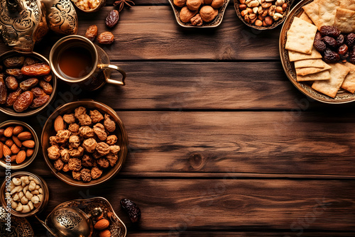 A wooden table adorned with various nuts, dried fruits, and a cup of tea, evoking sharing moments. AI Image