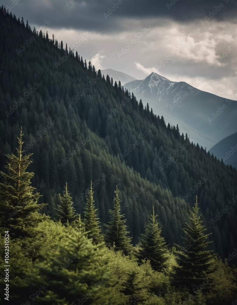 Fototapeta premium Majestic mountains tower over a serene spruce forest beneath a dramatic sky, showcasing nature beauty at dusk. Towering mountains with rolling hills and moody sky highlighting peaceful wilderness. AI