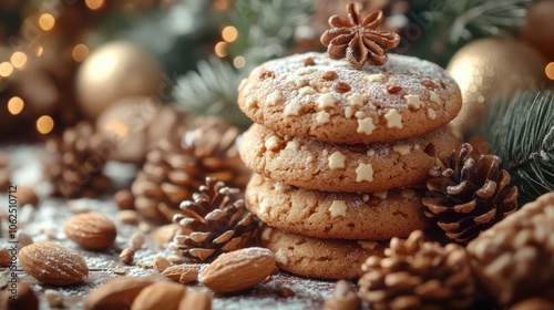 A stack of delicious cookies with star sprinkles and a star anise on top, surrounded by pine cones, almonds, and a festive background of lights and fir branches.