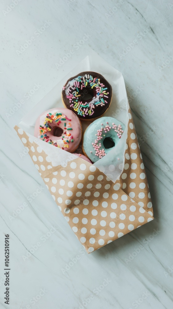 Three assorted donuts in a polka-dot paper bag with various toppings Three assorted donuts in a polka-dot paper bag with various toppings