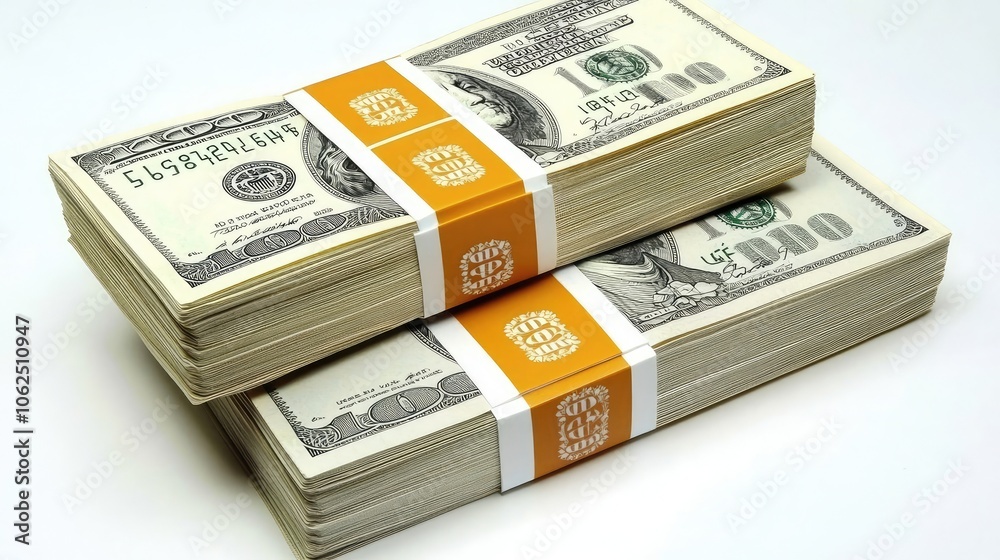 Piles of Cash Stacked Neatly With Bands in a Bright Setting Generative AI Piles of Cash Stacked Neatly With Bands in a Bright Setting Generative AI