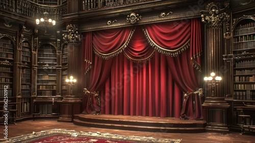 A grand library with red velvet curtains and a stage, perfect for a theatrical performance or a special event.