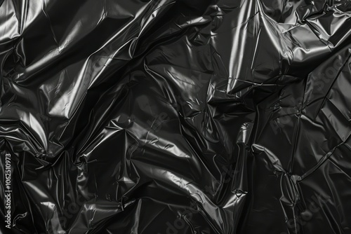 Crumpled sheet of black polythene plastic wrap. Detailed photo textured background