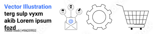 Email with contacts, gear, and shopping cart icons representing communication, settings, and e-commerce. Ideal for business, workflow, technology, digital marketing, system optimization, e-commerce