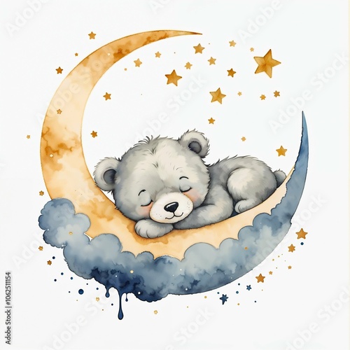 Cute sleeping bear cub on a crescent moon surrounded by stars in a whimsical watercolor style