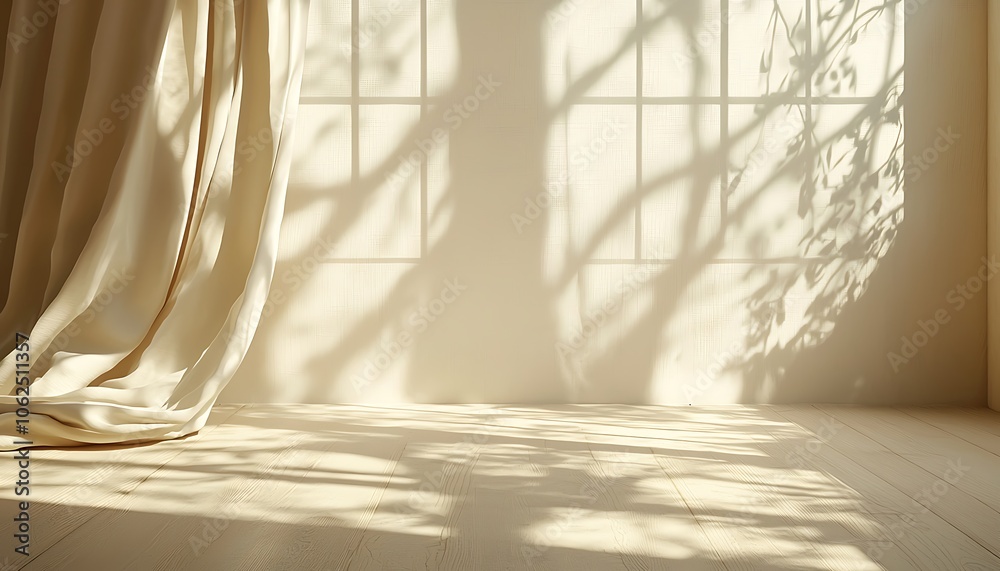 Light beige backdrop for product presentations, featuring intricate shadows from window curtains on the wall. Light beige backdrop for product presentations, featuring intricate shadows from window curtains on the wall.
