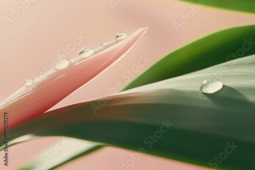 Macro photograph of delicate water droplets resting on a pink petal and green leaf, highlighted by soft natural lighting and a pastel background..