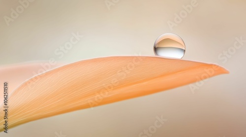 A leaf with a drop of water on it. The water droplet is clear and shiny. The leaf is orange and the background is white