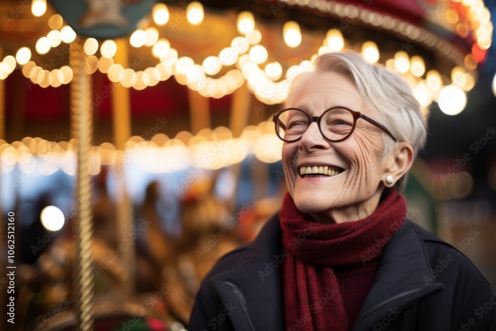 senior woman in eyeglasses on carousel at christmas market senior woman in eyeglasses on carousel at christmas market