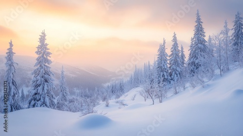 A picturesque winter landscape with snow-covered fir trees and mountains in the background. The sky is ablaze with vibrant hues of pink and orange at sunset, creating a magical and serene atmosphere.