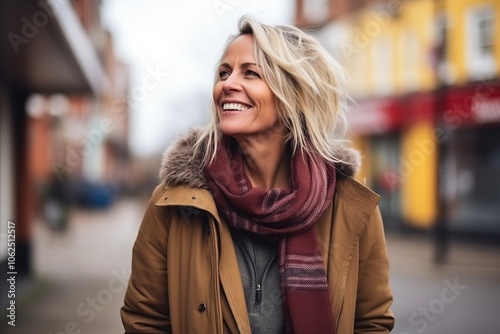 Portrait of a beautiful middle aged woman in the city, wearing a coat and scarf