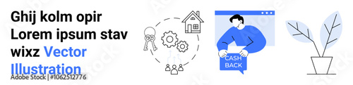 Cashback banner with person holding Cash Back sign, gear icons, house, team figures, and potted plant. Ideal for finance, home, teamwork, tech, education, communication, and personal blogs. Landing