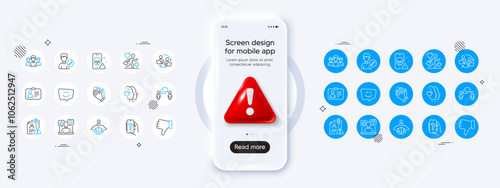 Id card, Social media and Search employee line icons. Phone mockup with 3d danger icon. Pack of Dislike hand, Clapping hands, Edit person icon. Group, Patient, Help app pictogram. Vector