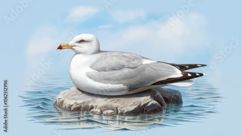 White Seagull Perched on Rock Over Water Background